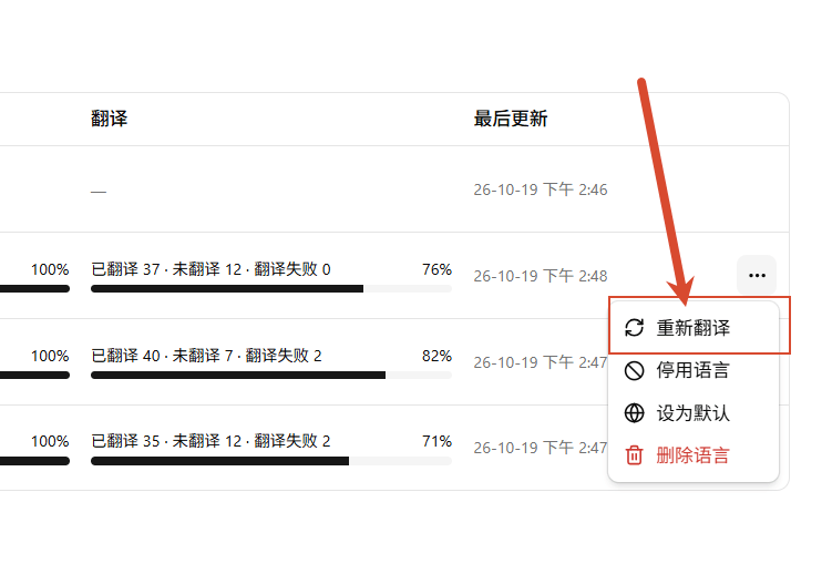 单个语言的操作菜单 - 点击行末省略号后选择重新翻译