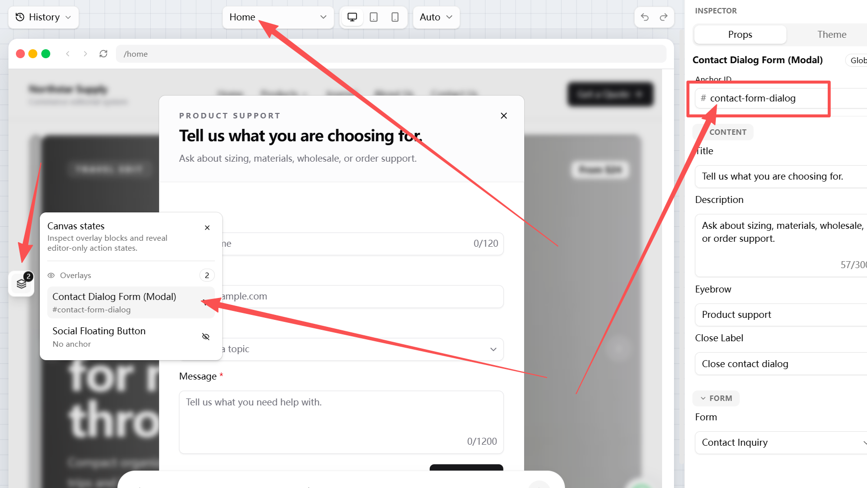 AllinCMS 页面设计器中查找弹窗 Anchor ID - 在 Canvas states 里选中 Contact Dialog Form，并在右侧 Props 看到 contact-form-dialog